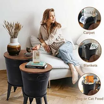 RUSTOWN Farmhouse Accent Side Table, Rustic Antique Galvanized End Coffee or Cocktail Table, Storage Metal Bin with Round Wood Lid Set of 2 (Black)