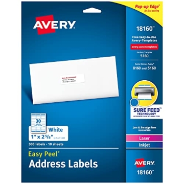 Avery Easy Peel Printable Address Labels with Sure Feed, 1" x 2-5/8", White, 300 Blank Mailing Label...
