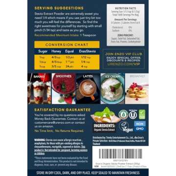 Easy Use Organic Stevia Powder 200g (7.05oz / 1600 Servings) All Natural Alternative Sweetener 12 x Sweeter than Processed Sugar with No Artificial additives & fillers