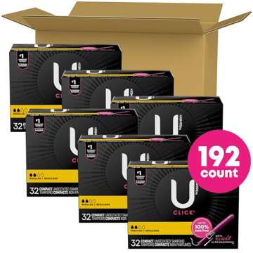 U by Kotex Click Compact Tampons, Regular Absorbency, Unscented, 192 Count (6 Packs of 32) (Packaging May Vary)