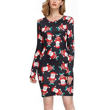 SATINIOR Women's Christmas Print Dress Round Neck Long Sleeve Bodycon Pencil Slim Dress Christmas Santa Dress (2XL) Multicoloured