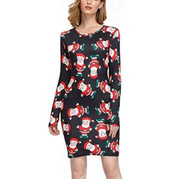 SATINIOR Women's Christmas Print Dress Round Neck Long Sleeve Bodycon Pencil Slim Dress Christmas Santa Dress (2XL) Multicoloured