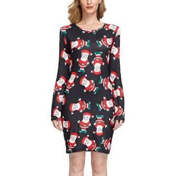 SATINIOR Women's Christmas Print Dress Round Neck Long Sleeve Bodycon Pencil Slim Dress Christmas Santa Dress (2XL) Multicoloured