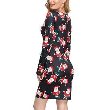 SATINIOR Women's Christmas Print Dress Round Neck Long Sleeve Bodycon Pencil Slim Dress Christmas Santa Dress (2XL) Multicoloured