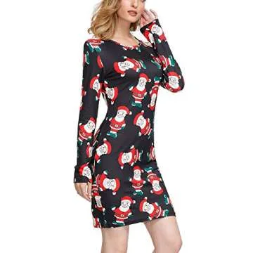 SATINIOR Women's Christmas Print Dress Round Neck Long Sleeve Bodycon Pencil Slim Dress Christmas Santa Dress (2XL) Multicoloured
