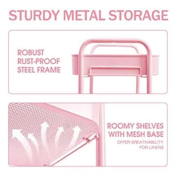 TOOLF 3-Tier Rolling Cart, Metal Utility Cart with Lockable Wheels, Storage Craft Art Cart Trolley Organizer Serving Cart Easy Assembly for Baby Room, Bathroom, Kids' Room, Beauty Salon (Pink)