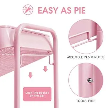 TOOLF 3-Tier Rolling Cart, Metal Utility Cart with Lockable Wheels, Storage Craft Art Cart Trolley Organizer Serving Cart Easy Assembly for Baby Room, Bathroom, Kids' Room, Beauty Salon (Pink)