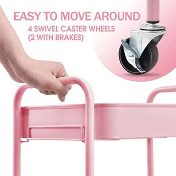TOOLF 3-Tier Rolling Cart, Metal Utility Cart with Lockable Wheels, Storage Craft Art Cart Trolley Organizer Serving Cart Easy Assembly for Baby Room, Bathroom, Kids' Room, Beauty Salon (Pink)