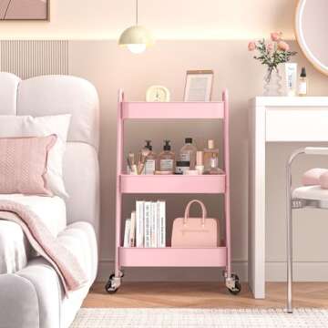 TOOLF 3-Tier Rolling Cart, Metal Utility Cart with Lockable Wheels, Storage Craft Art Cart Trolley Organizer Serving Cart Easy Assembly for Baby Room, Bathroom, Kids' Room, Beauty Salon (Pink)