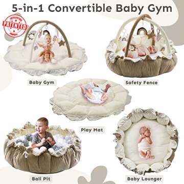 5-in-1 Thick & Plush Baby Play Gym, Baby Play Mats for Floor, Tummy Time Mat with 6 Toys, Cat Bed, D...