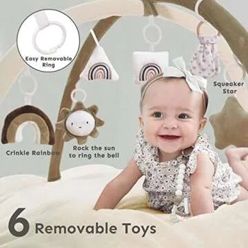 5-in-1 Thick & Plush Baby Play Gym, Baby Play Mats for Floor, Tummy Time Mat with 6 Toys, Cat Bed, Dog Bed, Convertible Stage-Based Developmental from Baby to Toddler, Ball Pit, Pet Cushion, Brown