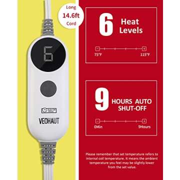 VEOHAUT Electric Blanket Heated Queen Blanket -with Double-Layer Flannel, 6 Heating Levels, 9 Hours ...