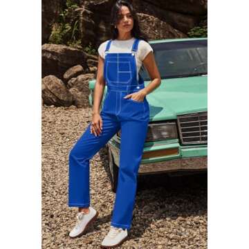 ReachMe Womens Casual Adjustable Bib Overalls Classic Coveralls Jumpsuits Vintage Jumpsuits Romper Pants with Pockets(Royal Blue,M)