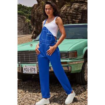 ReachMe Womens Casual Adjustable Bib Overalls Classic Coveralls Jumpsuits Vintage Jumpsuits Romper Pants with Pockets(Royal Blue,M)