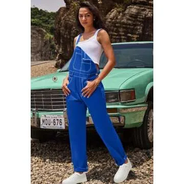 ReachMe Womens Casual Adjustable Bib Overalls Classic Coveralls Jumpsuits Vintage Jumpsuits Romper Pants with Pockets(Royal Blue,M)