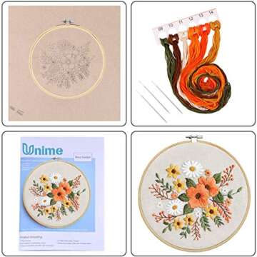 Full Range of Embroidery Starter Kit with Pattern,UNIME Cross Stitch Kit Including Embroidery Cloth with Plant Pattern, Bamboo Embroidery Hoop, Color Threads and Tools Kit (Floral)