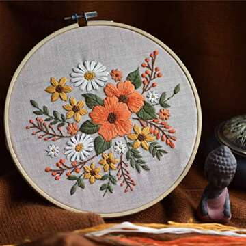 Full Range of Embroidery Starter Kit with Pattern,UNIME Cross Stitch Kit Including Embroidery Cloth with Plant Pattern, Bamboo Embroidery Hoop, Color Threads and Tools Kit (Floral)