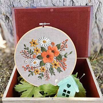 Full Range of Embroidery Starter Kit with Pattern,UNIME Cross Stitch Kit Including Embroidery Cloth with Plant Pattern, Bamboo Embroidery Hoop, Color Threads and Tools Kit (Floral)