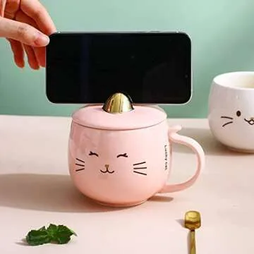 Yuwu Cute Cat Mug Kids Pink Coffee Mug Creative Animal Ceramic Cup, Novelty Mug with Spoon, Children, Christmas Valentine's Day Mug Gifts Birthday Present for Cat Lovers Women Girls Mom