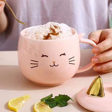 Yuwu Cute Cat Mug Kids Pink Coffee Mug Creative Animal Ceramic Cup, Novelty Mug with Spoon, Children, Christmas Valentine's Day Mug Gifts Birthday Present for Cat Lovers Women Girls Mom