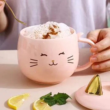 Yuwu Cute Cat Mug Kids Pink Coffee Mug Creative Animal Ceramic Cup, Novelty Mug with Spoon, Children, Christmas Valentine's Day Mug Gifts Birthday Present for Cat Lovers Women Girls Mom