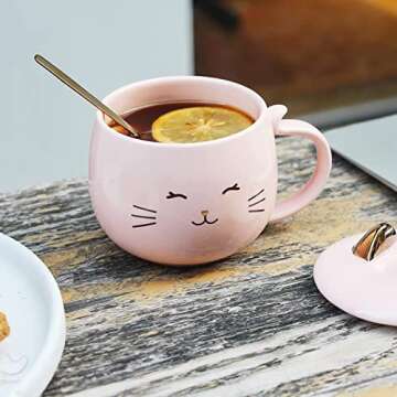 Yuwu Cute Cat Mug Kids Pink Coffee Mug Creative Animal Ceramic Cup, Novelty Mug with Spoon, Children, Christmas Valentine's Day Mug Gifts Birthday Present for Cat Lovers Women Girls Mom