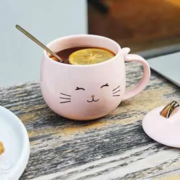 Yuwu Cute Cat Mug Kids Pink Coffee Mug Creative Animal Ceramic Cup, Novelty Mug with Spoon, Children, Christmas Valentine's Day Mug Gifts Birthday Present for Cat Lovers Women Girls Mom