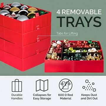 Christmas Extra Large Ornament Storage Container - Box Stores Up to 48 – 6” Ornaments – With 4 Individual Trays -Heavy Duty 600D Tear Resistant Material, Zippered, Adjustable Dividers.