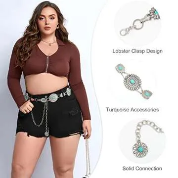 WHIPPY Women Concho Chain Belt Metal Link Western Cowgirl Turquoise Chain Belt for Dress