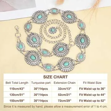 WHIPPY Women Concho Chain Belt Metal Link Western Cowgirl Turquoise Chain Belt for Dress