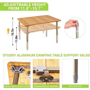 ATEPA Coffee Table Picnic Table, Small Bamboo Folding Table, Portable Camping Table with Carry Bag Adjustable Height, Easy to Carry for Outdoor Beach Backyard, 23.6''(L) x15.7''(H)