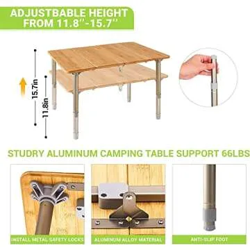 ATEPA Coffee Table Picnic Table, Small Bamboo Folding Table, Portable Camping Table with Carry Bag Adjustable Height, Easy to Carry for Outdoor Beach Backyard, 23.6''(L) x15.7''(H)