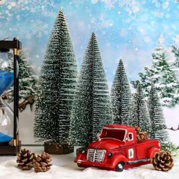 5pcs Mini Christmas Tree, Wooden Base Small Bottle Brush Christmas Tree, Christmas Village Small Christmas Tree, Suitable for Desktop Christmas Decoration, Holiday Party Decoration Crafts