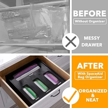 SpaceAid Bag Storage Organizer for Kitchen Drawer, Bamboo Organizer, Compatible with Gallon, Quart, Sandwich and Snack Variety Size Bag (1 Box 4 Slots), Black