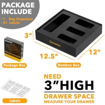SpaceAid Bag Storage Organizer for Kitchen Drawer, Bamboo Organizer, Compatible with Gallon, Quart, Sandwich and Snack Variety Size Bag (1 Box 4 Slots), Black