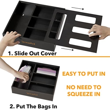 SpaceAid Bag Storage Organizer for Kitchen Drawer, Bamboo Organizer, Compatible with Gallon, Quart, Sandwich and Snack Variety Size Bag (1 Box 4 Slots), Black
