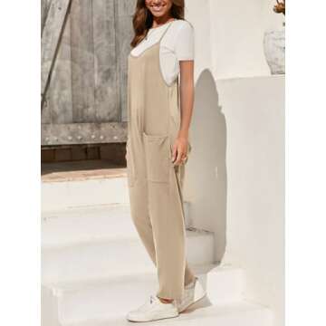 Fisoew Women's Summer Sleeveless Loose Casual V Neck Jumpsuits Spaghetti Strap Long Pants Baggy Overalls with Pockets