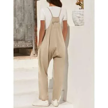 Fisoew Women's Summer Sleeveless Loose Casual V Neck Jumpsuits Spaghetti Strap Long Pants Baggy Overalls with Pockets