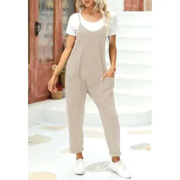 Fisoew Women's Summer Sleeveless Loose Casual V Neck Jumpsuits Spaghetti Strap Long Pants Baggy Overalls with Pockets