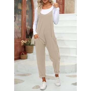 Fisoew Women's Summer Sleeveless Loose Casual V Neck Jumpsuits Spaghetti Strap Long Pants Baggy Overalls with Pockets
