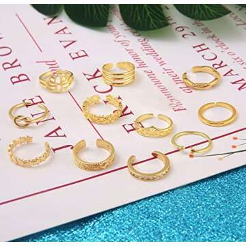 Honsny 12PCS 14K Gold/Silver Plated Toe Rings for Women Adjustable Band Rings Open Flower CZ Toe Ring Set Beach Foot Jewelry