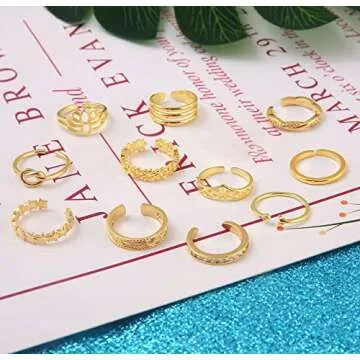 Honsny 12PCS 14K Gold/Silver Plated Toe Rings for Women Adjustable Band Rings Open Flower CZ Toe Ring Set Beach Foot Jewelry