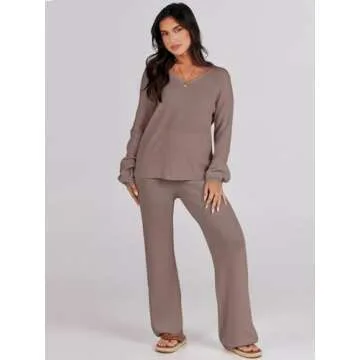 ANRABESS Women 2 Piece Outfits Sweater Lounge Sets Long Sleeve Cable Knit Pullover and Wide Leg Pants Tracksuit Matching Set Medium