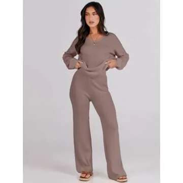 ANRABESS Women 2 Piece Outfits Sweater Lounge Sets Long Sleeve Cable Knit Pullover and Wide Leg Pants Tracksuit Matching Set Medium