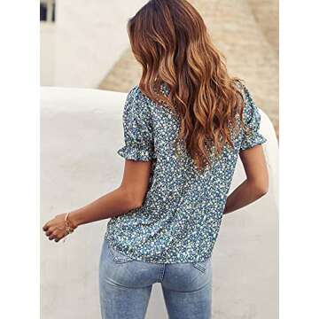 Milumia Women Mock Neck Puff Sleeve Floral Print Blouse Shirred Work Top Blue Medium