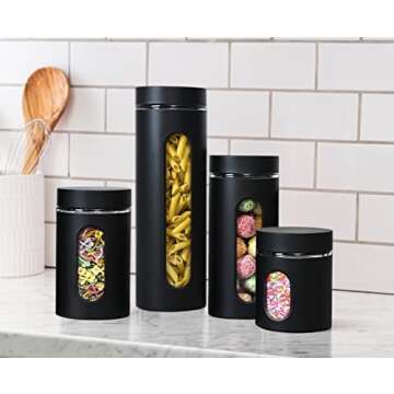 Canister Sets for Kitchen Counter with Glass Window & Airtight Lid - Matt Black Stainless Steel - Fo...