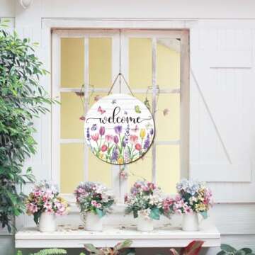 JarThenaAMCS Summer Flower Welcome Door Sign Tulip Wooden Hanging Sign Floral Butterfly Door Hanger ...
