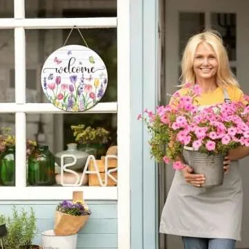 JarThenaAMCS Summer Flower Welcome Door Sign Tulip Wooden Hanging Sign Floral Butterfly Door Hanger Sign for Spring Summer Holiday Indoor Outdoor Farmhouse Home Porch Window Decor