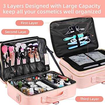 Oewoer Travel Makeup Bag, Large Capacity PU Leather Portable Multi-Compartment Cosmetic Case for Wom...