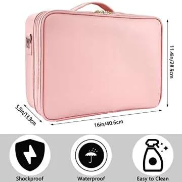Oewoer Travel Makeup Bag, Large Capacity PU Leather Portable Multi-Compartment Cosmetic Case for Women, Durable Waterproof Portable Organizer with Easy Clean Design (L-Pink)